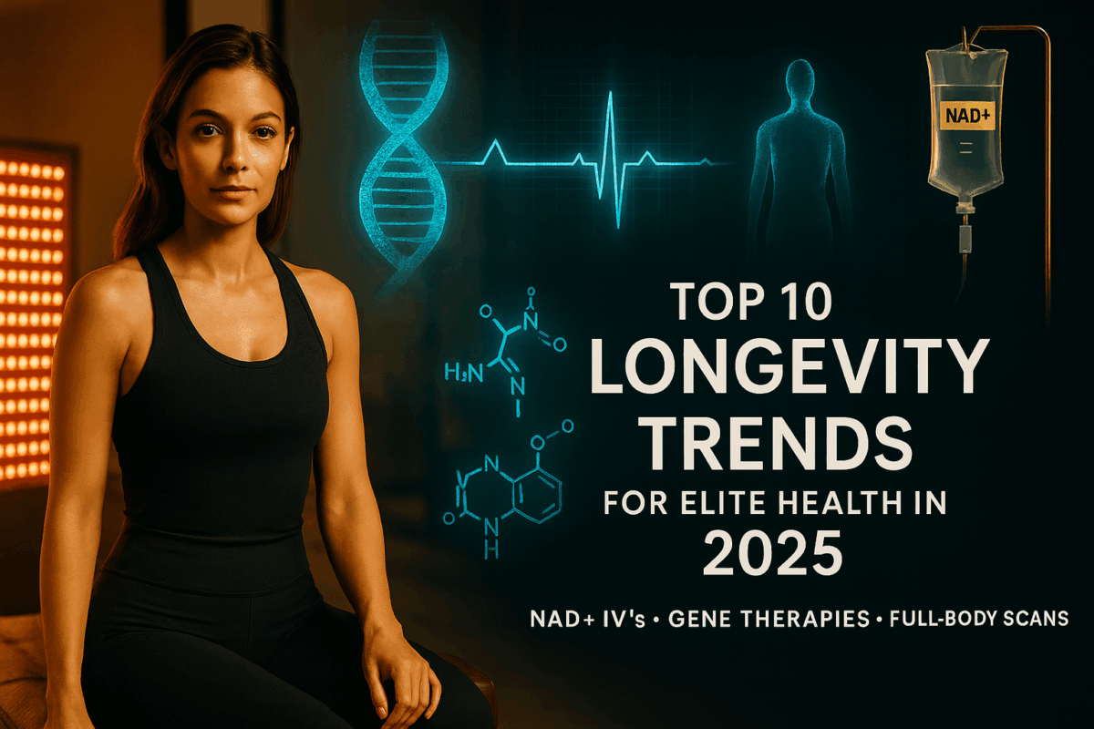 Confident, athletic woman in a luxury wellness studio beside a red-light panel; refined overlays of a DNA helix, ECG line, and NAD+ IV icon; headline reads “Top 10 Longevity Trends for Elite Health in 2025.”