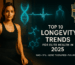 Confident, athletic woman in a luxury wellness studio beside a red-light panel; refined overlays of a DNA helix, ECG line, and NAD+ IV icon; headline reads “Top 10 Longevity Trends for Elite Health in 2025.”