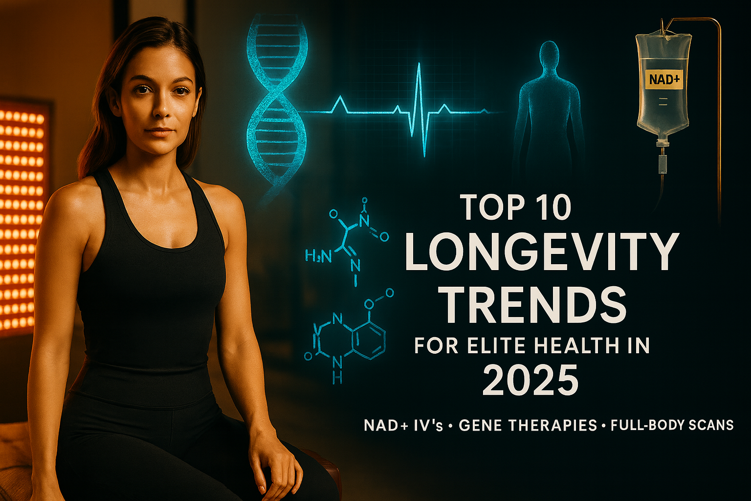 Confident, athletic woman in a luxury wellness studio beside a red-light panel; refined overlays of a DNA helix, ECG line, and NAD+ IV icon; headline reads “Top 10 Longevity Trends for Elite Health in 2025.”