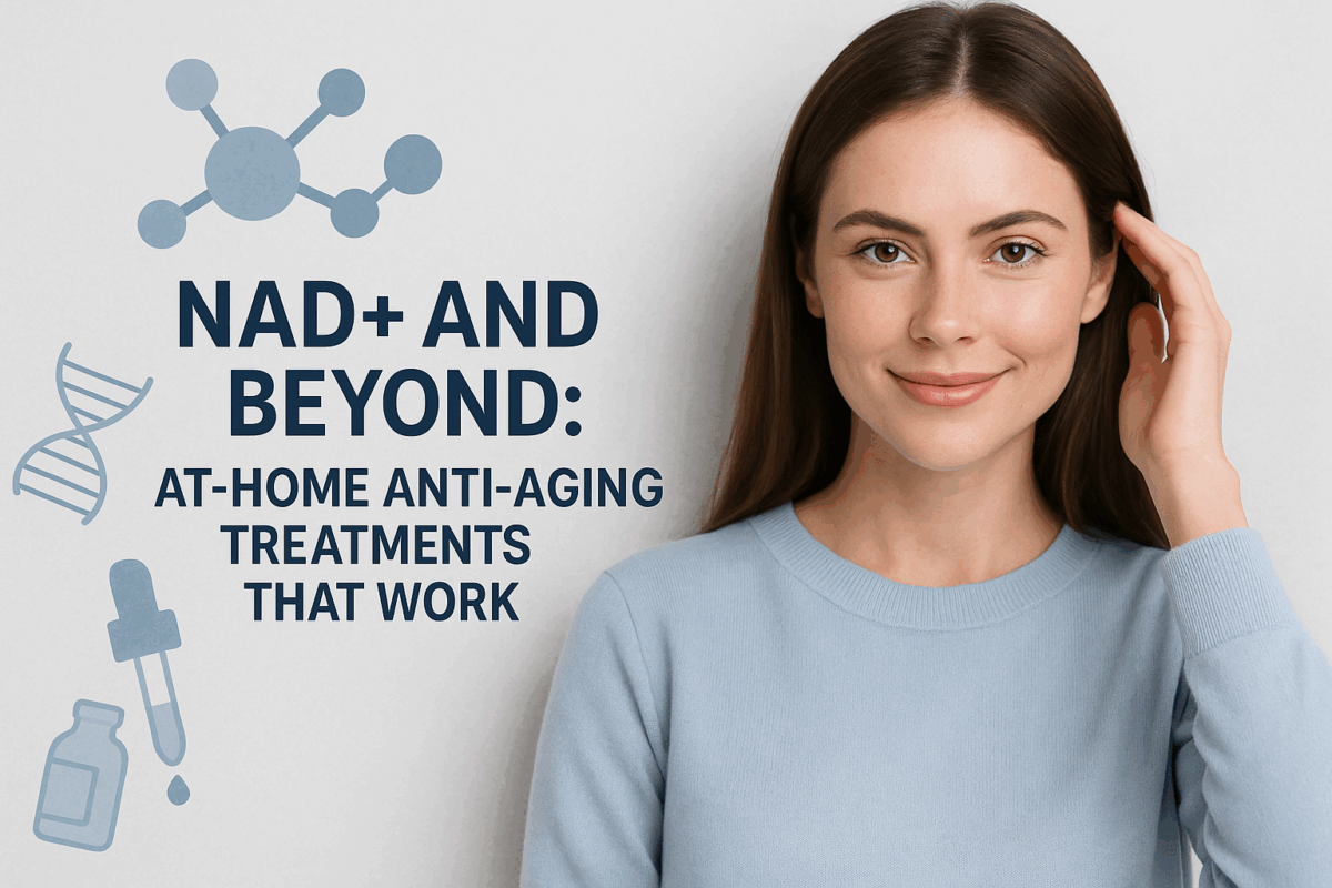 NAD+ and Beyond – At-Home Anti-Aging Treatments That Work – attractive adult with scientific graphics.