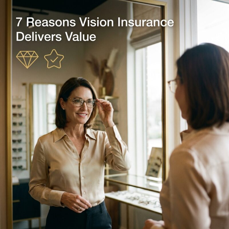 Is vision insurance worth it shown by stylish professional trying on designer glasses frames at upscale optical shop
