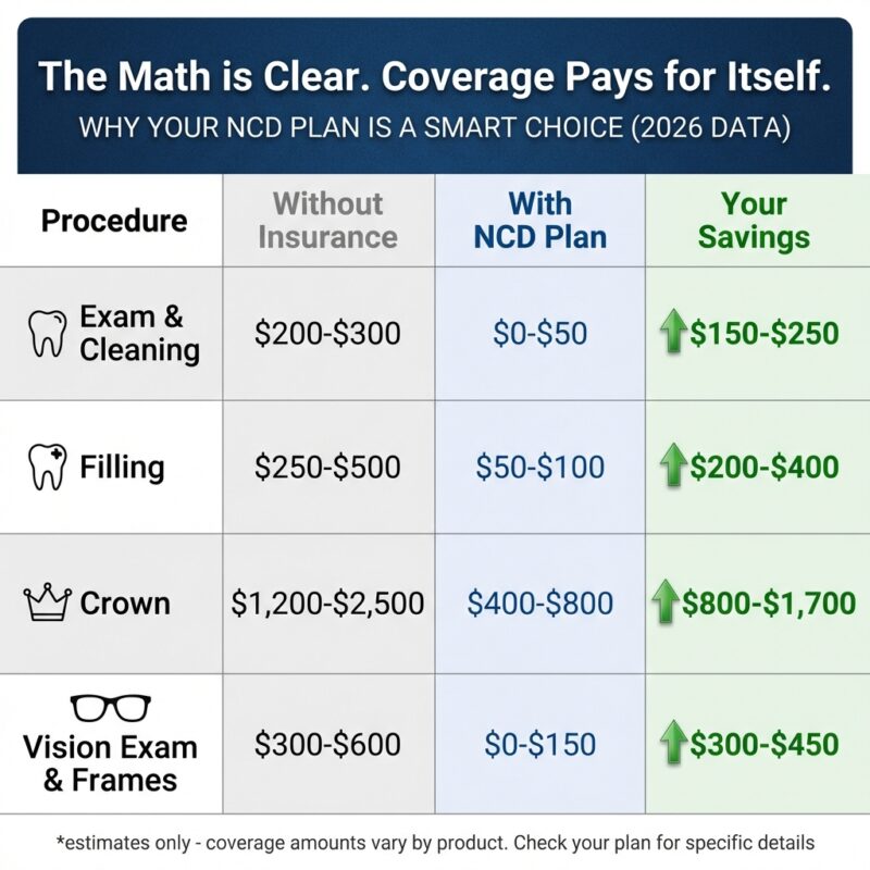 Dental insurance savings comparison chart showing 2026 procedure costs with and without coverage