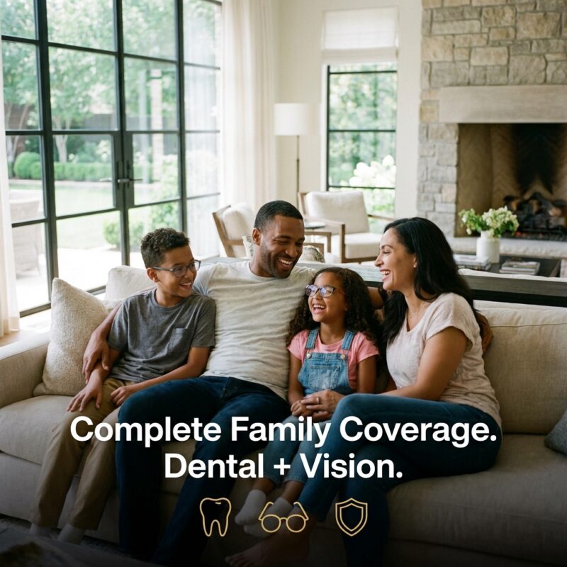 Dental and vision insurance for families shown by happy family smiling together with healthy teeth and clear vision