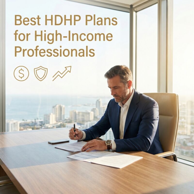 HDHP plans high deductible — successful professional reviewing health insurance strategy on tablet in executive office