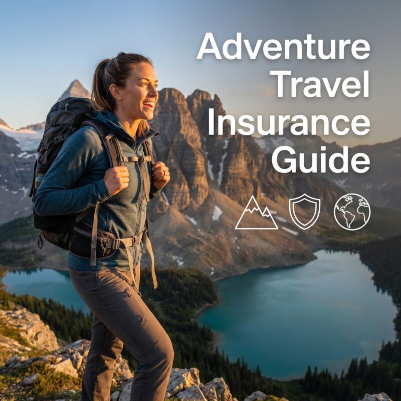 Adventure travel insurance — athletic traveler at dramatic adventure destination with comprehensive extreme sports coverage