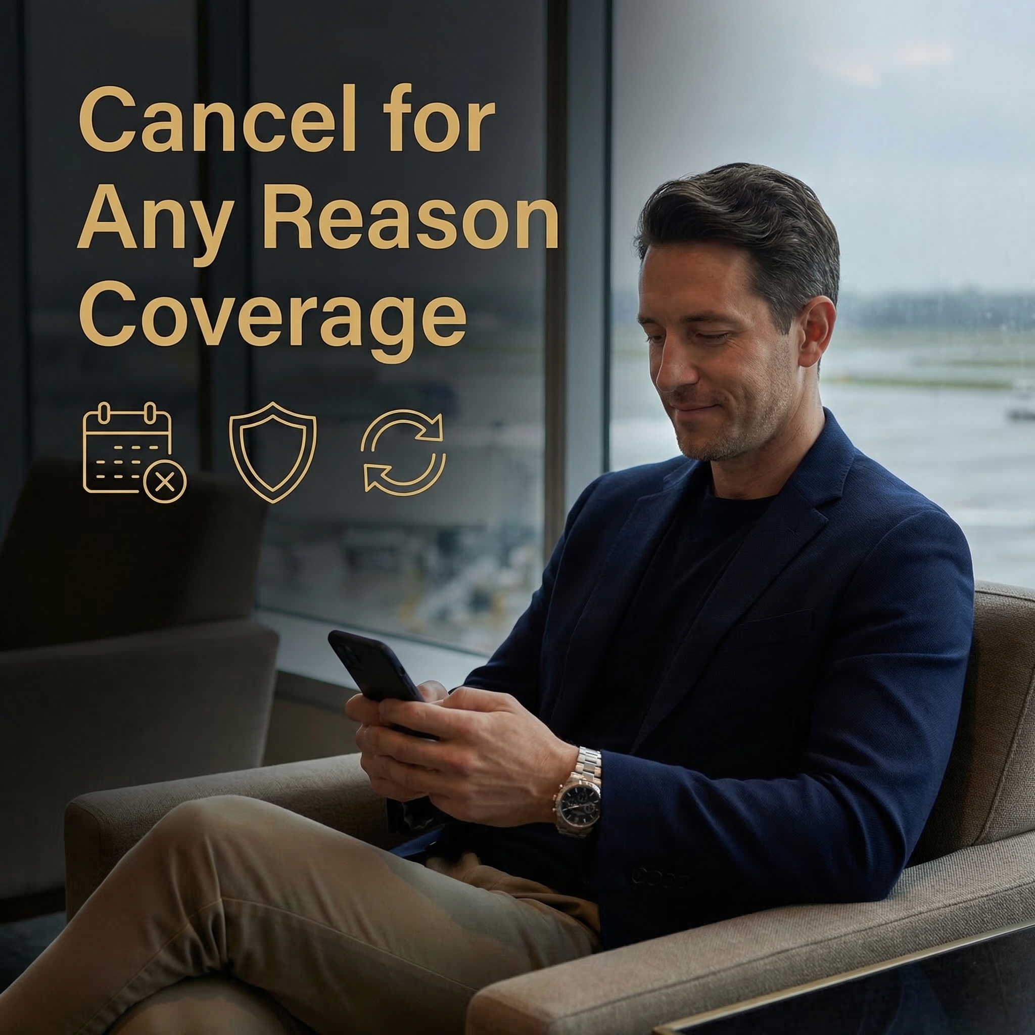 Cancel for any reason travel insurance — discerning traveler reviewing flexible coverage options at premium travel lounge