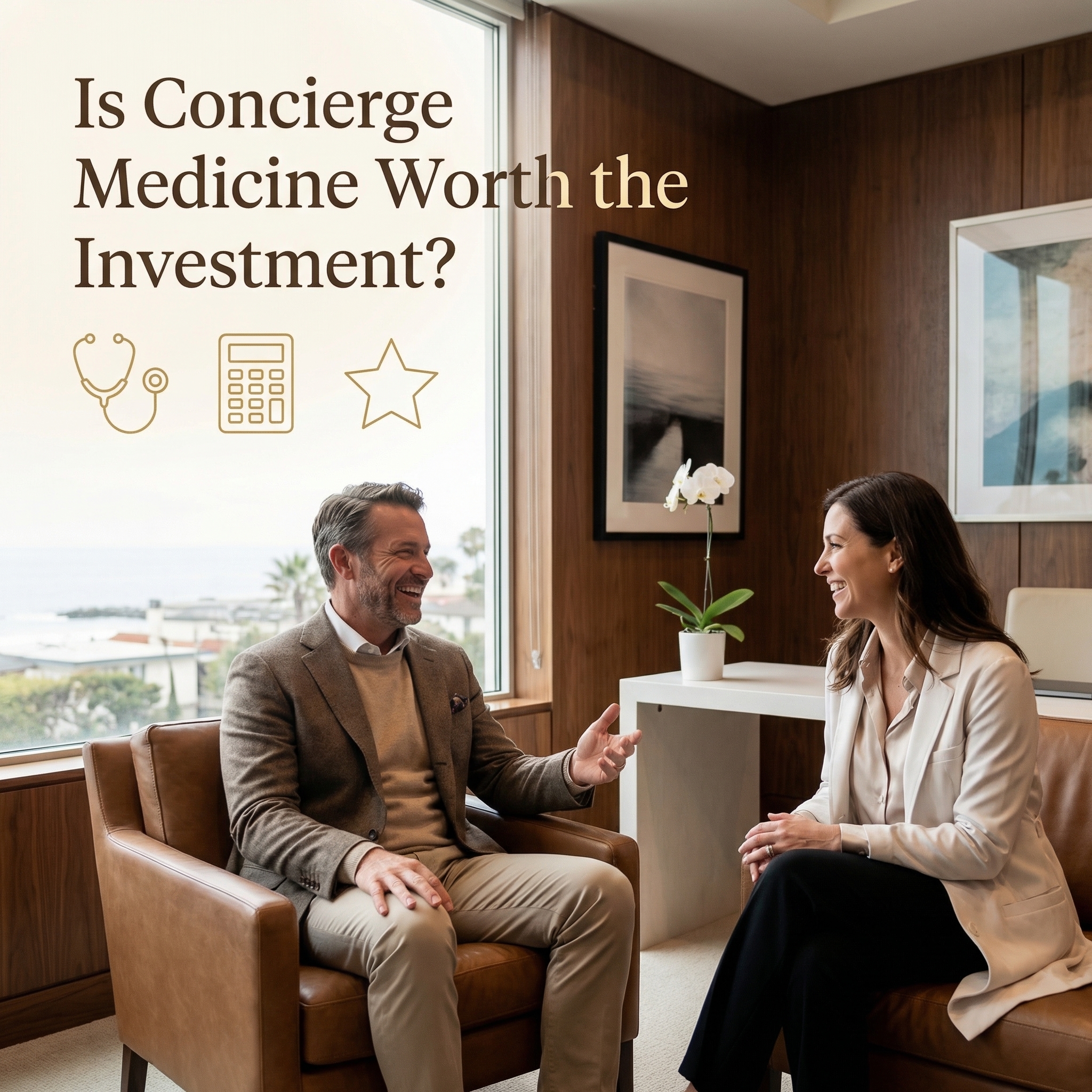 Couple reviewing concierge medicine cost benefits in premium Orange County home office