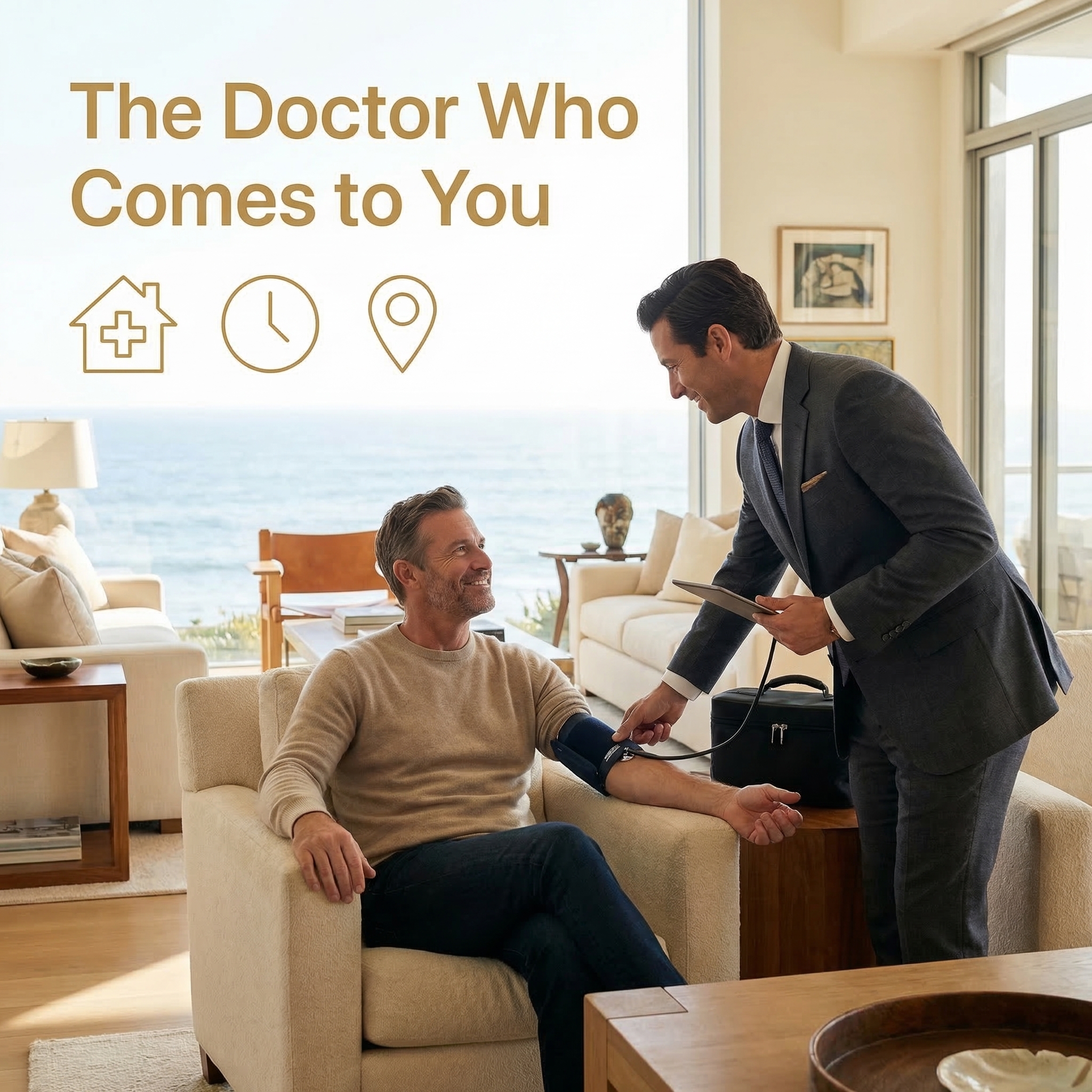 Luxury at-home doctor visit with physician conducting premium concierge medicine house call examination