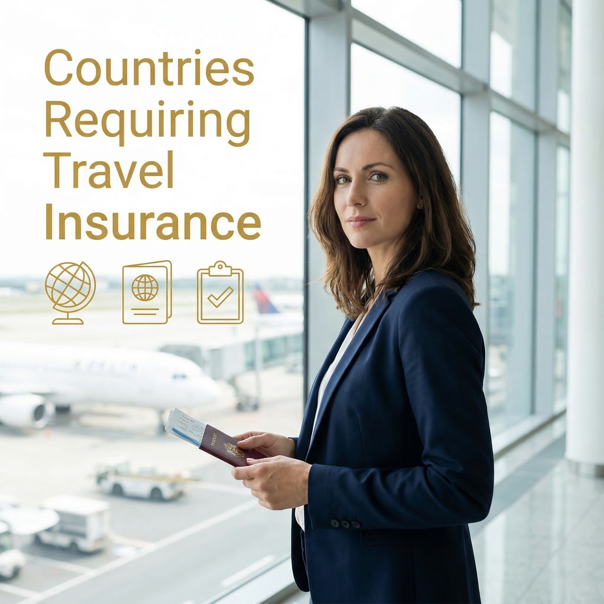 Countries that require travel insurance — prepared international traveler with passport and documents at airport