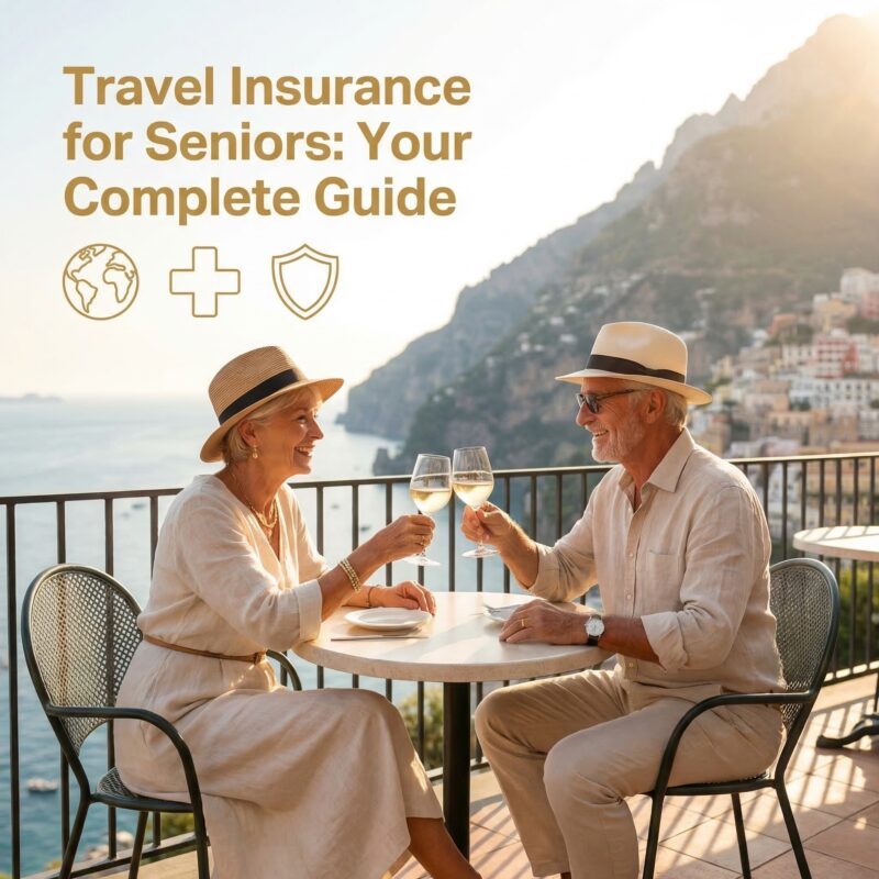 Senior travel insurance — vibrant active couple enjoying premium international travel with medical coverage confidence
