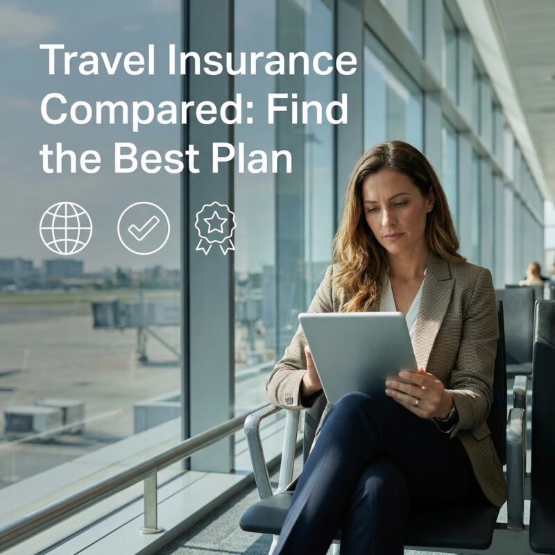 Travel insurance compared — confident traveler reviewing international medical plan options at premium travel hub