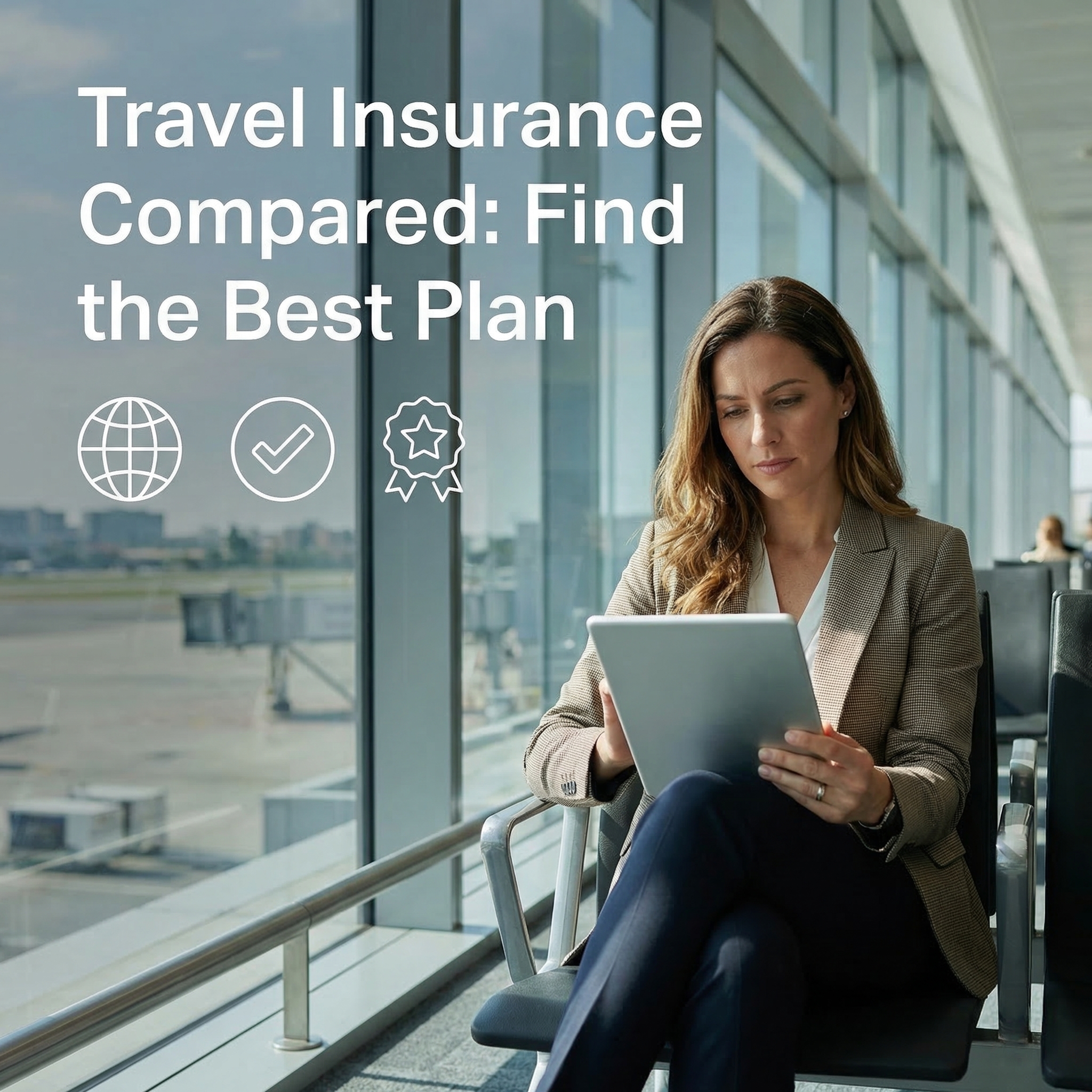 Travel insurance compared — confident traveler reviewing international medical plan options at premium travel hub