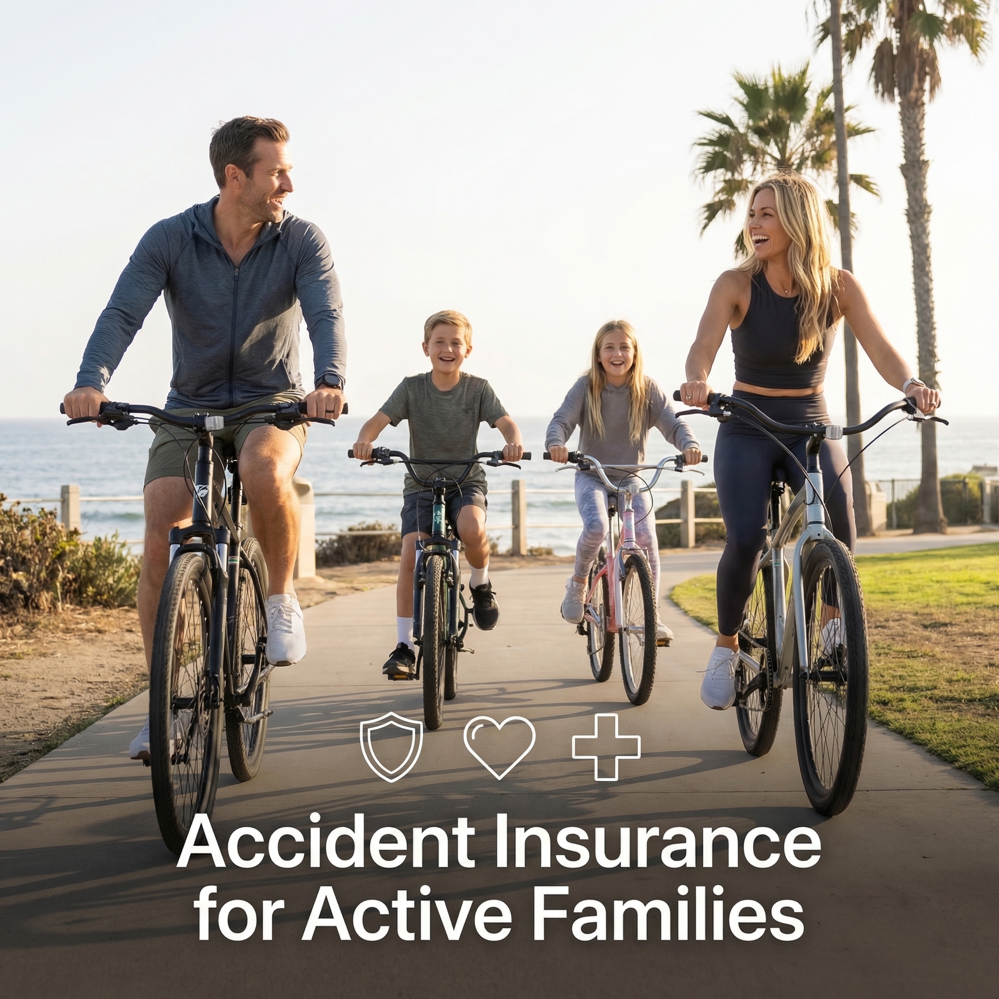 Family of four smiling together during outdoor activities with accident insurance for families protection